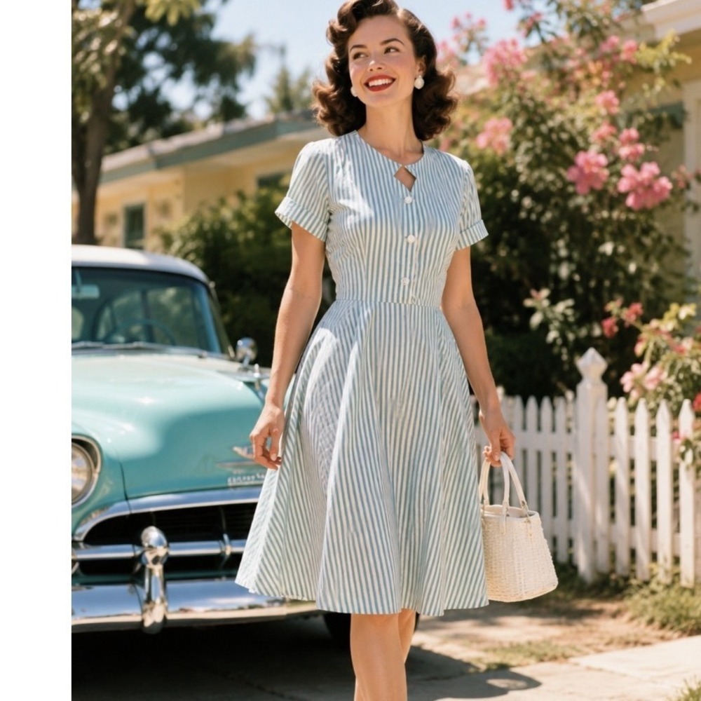 VTG 50's   Teal White Striped Short Sleeve Day Dress handmade rockabilly